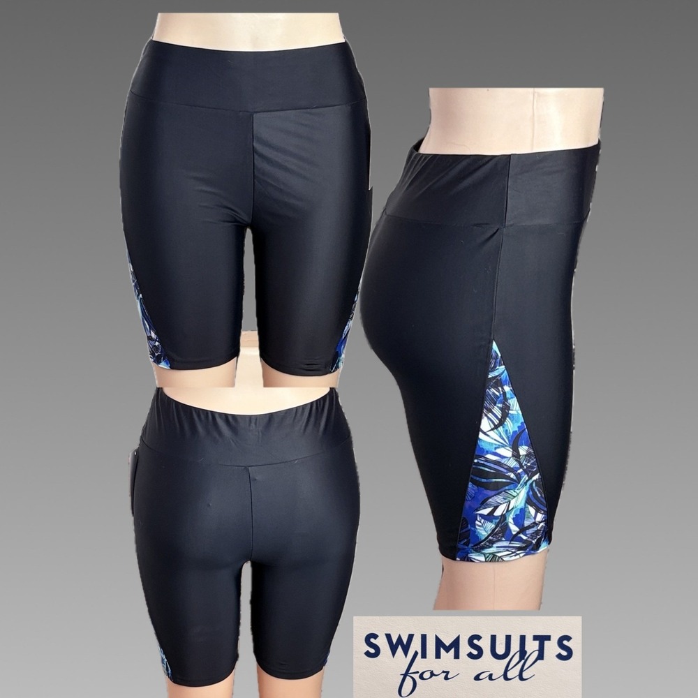 Swimsuits For All 12 Black Tropical Leaf Print Side Panels Bike Swim Shorts